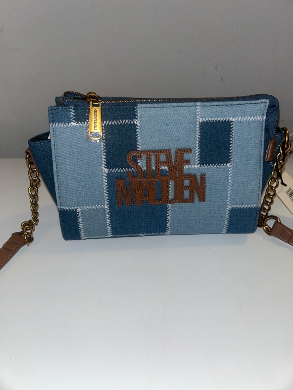 Steve Madden Denim Patchwork Crossbody with Brown Logo